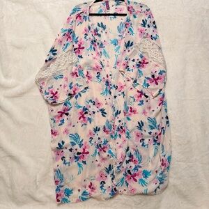 Adore Me 2X Floral Kimono Cardigan Lace Trim Cottagecore Boho Beach Cover Up